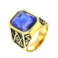 Anello massonico in acciaio inossidabile dorato con gemma blu e simbolo G inciso - Misura 7 / Oro Nero con pietra blu chiaro