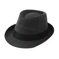 Panama fedora hat in dark grey plaid with red stripes and black ribbon for men and women - Adult Size (Approx 58cm) / Stripe-Navy Blue