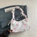 White floral canvas bag with pink roses, bow pattern and scrunchie handle strap - White