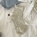 Chaussettes mi-mollet en coton beige à pois noirs et bords roulés de style rétro - Gris-Beige