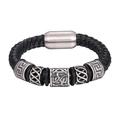 Bracelet tressé en cuir noir pour homme avec perles en argent gravées et fermoir magnétique - Noir