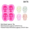 Pink silicone mold featuring four detailed Halloween sugar skulls with colorful samples - 3#B476 4-Cavity Skull / Pink