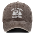 Close-up of fine embroidery detail on vintage washed cotton camping baseball cap - Coffee