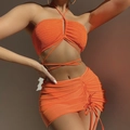 Set bikini arancione 3 pezzi con gonna arricciata e top allacciato al collo incrociato - L / Rosso Arancio