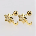 Golden star and moon stud earrings with zircon inlay and secure screw back closure - Gold Star Dangle Moon