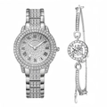 Detail of silver luxury women's watch with rhinestones and matching bracelet set - A8 Silver Set (Watch+Rhinestone Bangle)