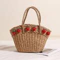 Bolso de paja tejido a mano con diseño de fresas rojas y gran capacidad para la playa - Concha de Fresa / café