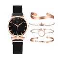 Women's magnetic mesh watch set with four rose gold bracelets and black sunray dial - Watch Jewelry Set / Black