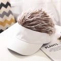 Detail of creative white visor hat featuring a fluffy brown faux wig hair decoration top - Adjustable / Brown-White Wig Baseball Cap / White
