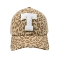 Close-up of distressed leopard print trucker hat with chenille T letter and breathable mesh - Leopard-Letter T