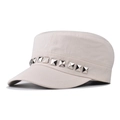 Detail of punk style beige cadet cap featuring square metal rivets on cotton canvas - Adjustable / Rivet Beige