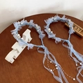 Set of two light blue floral headbands with pearls and long ribbon tassels for girls - Blue Butterfly Pearl with Ribbon