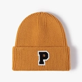 Mustard yellow ribbed knit beanie with vintage P letter patch for warmth and style - Orange Red