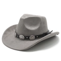 Detail of light grey faux suede cowboy hat featuring black leather belt and silver conchos - M (56-58cm) / Gray