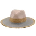 Cappello da sole vintage in paglia da donna con bordi sfilacciati e tesa larga piatta - M (56-58cm) / Rosa antico
