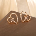 Rose gold heart and cross earrings with sparkling cubic zirconia in a jewelry box - Heart and Cross / Rose Gold