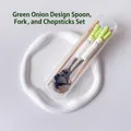 Cute green onion themed flatware set with stainless steel spoon and wooden chopsticks - Little Scallion Spoon Fork Chopsticks Set (With Box)