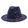 Detailed side view of navy wool fedora hat featuring artistic colorful paint splatter - M (56-58cm) / Navy Blue