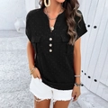 Women's black V-neck textured shirt with short sleeves and pockets in casual style - Black