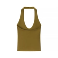 Detail of olive green halter neck top featuring a slim fit and smooth knitted fabric - XS / Olive Green
