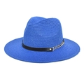 Blue foldable straw sun hat with black belt and triple gold chain detail for summer beach - M (56-58cm) / Sapphire Blue