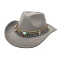 Detail of grey western cowboy felt hat with ethnic braided band and turquoise stone decor - M (56-58cm) / Light Gray