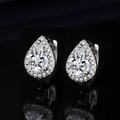 Macro shot of silver teardrop earrings with pear-cut cubic zirconia in a halo setting - Pear-Shaped Teardrop Earrings (ED22)