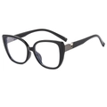 Fashionable oversized cat eye glasses frame in glossy black with silver metal V detail - Black Frame