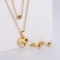 Titanium steel jewelry set featuring love heart pendant necklace and gold bead earrings - Gold Earrings + Pendant Set / Gold