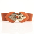 Elastic orange waist belt with golden leaf-shaped metal buckle for women's dresses - Camel