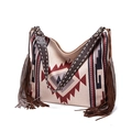 Detail of bohemian woven hobo bag featuring ethnic patterns and dark brown leather tassels - Style 9