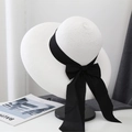 Elegant white straw sun hat with large brim and black ribbon bow for summer beach - M (56-58cm) / White