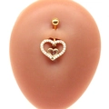 Close-up of golden double heart belly ring with crystals on silicone navel model - Gold Double Heart Zirconia Style