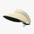 Beige striped straw open top sun hat with wide brim and black sun protection lining - Adjustable / Beige Blue