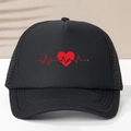 Cappello trucker nero in rete con stampa cuore e battito rosso e visiera curva regolabile - Taglia unica / Tutto Nero