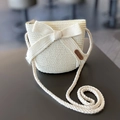 Straw crossbody bag for girls in off-white with a large bow and a leather patch - White (Bag)