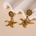 Vintage gold starfish earrings with embossed studs and 3D pendants on artistic display - 925 Sterling Silver Earring Post - Antique Gold Starfish Retro Drop Earrings