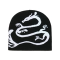 Black knit beanie hat featuring a white Chinese dragon pattern for winter street style - M (56-58cm) / Black