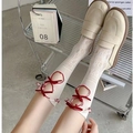 Lace mid-calf socks in cream white featuring elegant red velvet bow ties on the back - One Size / White with Red Bow
