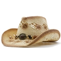 Dettaglio del cappello da cowboy in paglia cava con perle vintage e decoro turchese - 02 Kaki Riso
