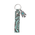Turquoise leather keychain with embossed eagle charm and silver ring on white background - Eagle Thunderbird / Teal Leather