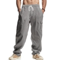 Men's loose multi-pocket cargo pants in mid-grey with elastic drawstring waist - S / Bottoms / Gray