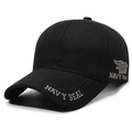 Navy Seal embroidered black baseball cap with golden eagle emblem and cotton twill texture - Black