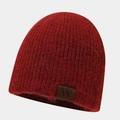Detailed close-up of a red knit beanie featuring a brown leather W-label and wool texture - One Size / Burgundy