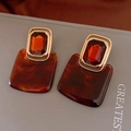 Close-up of vintage geometric earrings with amber resin and tortoiseshell pattern texture - Silver Earring Post - Coffee