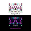 Neon Halloween Day of the Dead face tattoo FY-006 with glowing effect in UV light - Fluorescent Face Sticker FY006