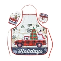 Christmas kitchen set with apron, heat glove and pot mat featuring a red truck design - Car with Snowman