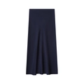 Detailed view of dark blue midi skirt featuring premium silky satin fabric texture - XS / Dark Blue