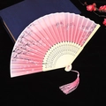 Pink cherry blossom and butterfly folding silk fan with bamboo ribs and pink tassel - Style 61