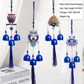 Vintage blue evil eye wind chime with metal owl and peacock charms and blue tassels - Owl And Peacock Pattern Style (2007蓝色风铃H)